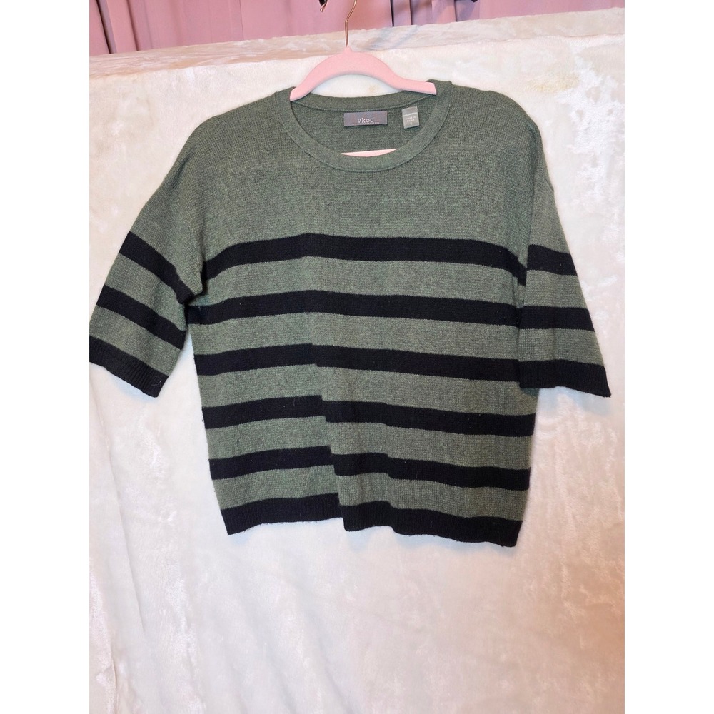 Vkoo Women Green Black Striped 100% Cashmere Short Sleeve Sweater Size S